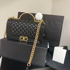 Chanel 2024 Black Caviar Quilted Medium Top Handle Boy Bag